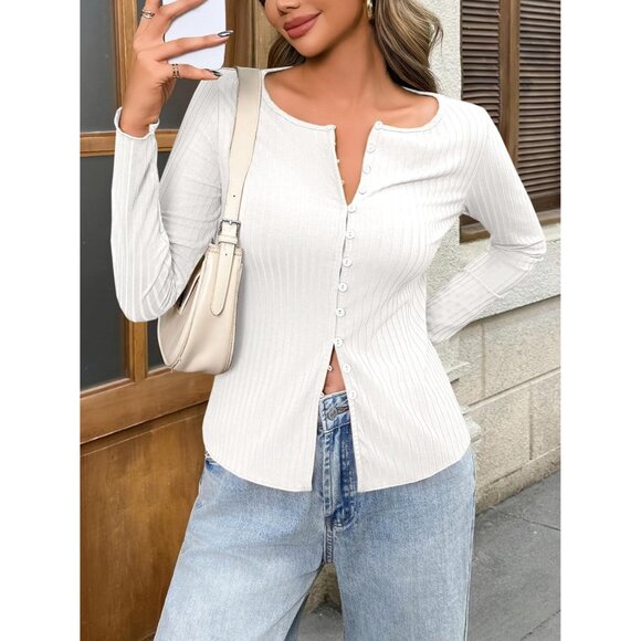 Women's Ribbed Long Sleeve Button-Down Top Fitted Casual Fall Layering - Picture 5 of 8